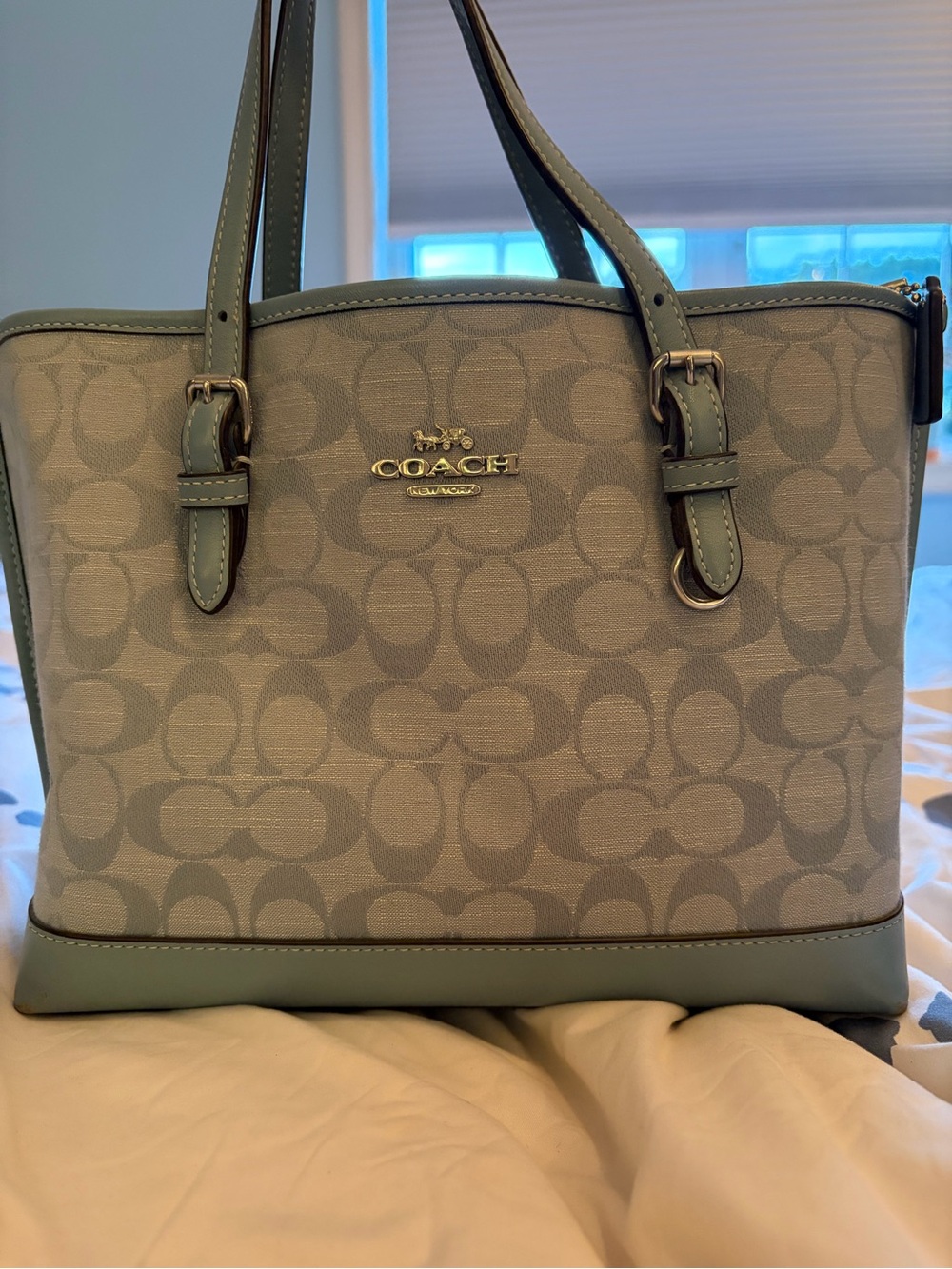 Coach Signature Canvas Tote in Blue-Grey with Light Blue Trim